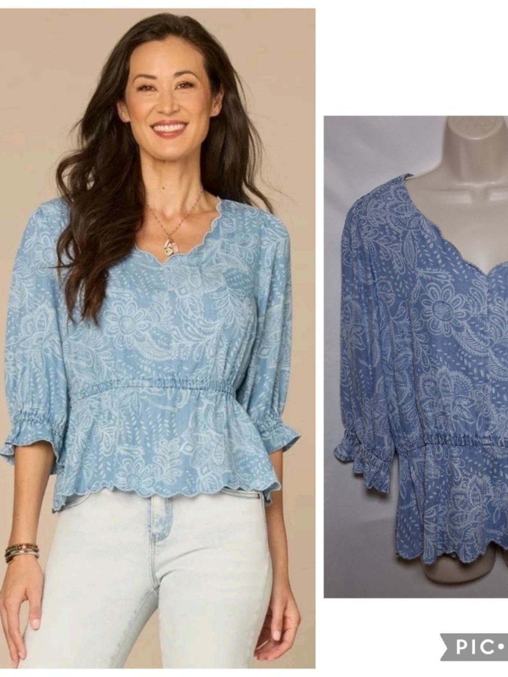 New Democracy Below Elbow Lantern Sleeve V Neck Scallop Edge Peplum Woven Top XL